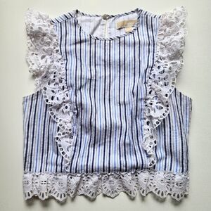 Michael Kors Cotton Top White Embroidered Lace Blue Striped Cropped